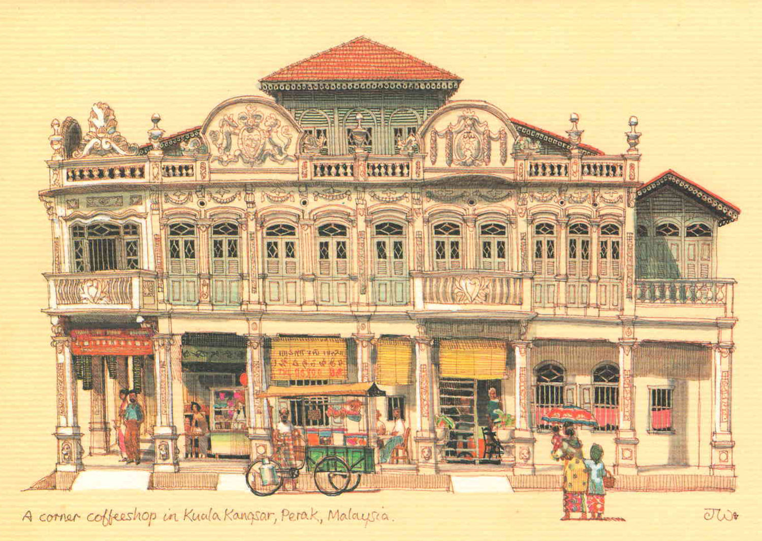 A Corner Coffeeshop in Kuala Kangsar, Perak, Malaysia British colonial Malaya architecture painting art architect malaysia